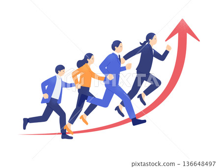 業務業績正在上升。四個人沿著紅色箭頭跑。這是一幅商業人士奔向成長的插畫。 136648497