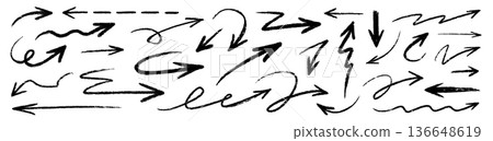 Arrow hand drawn brush line set. Arrow line hand drawn brush chalk pencil crayon stroke marker paint..Rough scribble doodle sketchy underline curve wave angle swirl crayon texture. Vector 136648619