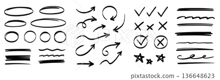 Arrow, circle, underline marker hand pen set. Arrow line marker hand drawn brush pencil sketch. Doodle check, cross, star oval round icon sign symbol texture rough. Vector Arrow, circle, underline marker hand pen set. Arrow line marker hand drawn brush pencil sketch. Doodle check, cross, star oval round icon sign symbol texture rough. Vector 136648623