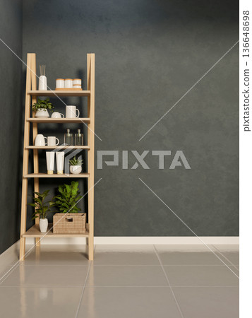 Utensils storage display shelf rack on white tiles floor aside dark color grey wall in room's corner Utensils storage display shelf rack on white tiles floor aside dark color grey wall in room's corner 136648698