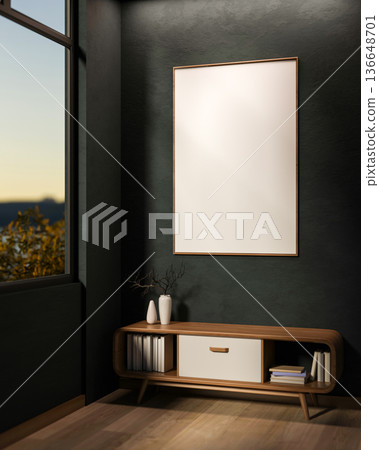White frame on dark green wall over bookshelf drawer table on wooden parquet floor in a dim lit room White frame on dark green wall over bookshelf drawer table on wooden parquet floor in a dim lit room 136648701