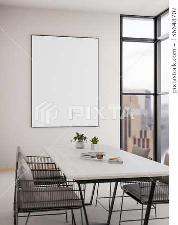 Blank frame on wall and white table in living room or dining room with city view outside the window. Blank frame on wall and white table in living room or dining room with city view outside the window. 136648702