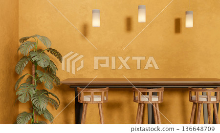 Wooden table and stool chairs under ceiling lamp aside houseplant in yellow wall in cafe dining room 136648709