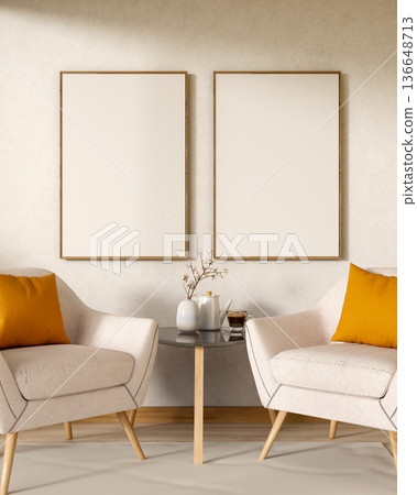 Blank frame on wall over white sofa chair with coffee and vase on glass table in living room or cafe 136648713