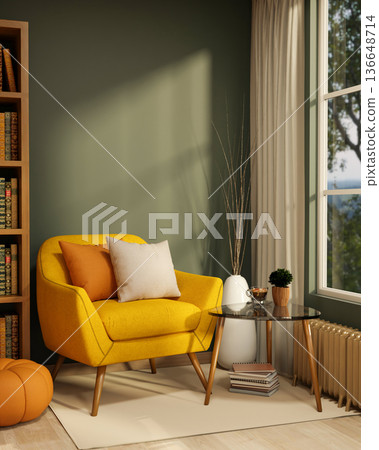Yellow sofa chair with glass table aside bookshelf and pumpkin stool with sunlight through window. 136648714