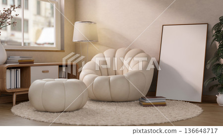 Sofa couch and stool chair with frame canvas on carpet floor aside table and window in a living room 136648717
