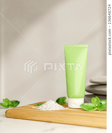 Green tube lotion with salt pile and mint leaves on wooden tray at marble counter table. in sunlight Green tube lotion with salt pile and mint leaves on wooden tray at marble counter table. in sunlight 136648724