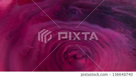 Defocused spreading paint. Color blob blot. Circle purple pink color explosion on acrylic background. Whirl blend abstract texture. 136648740