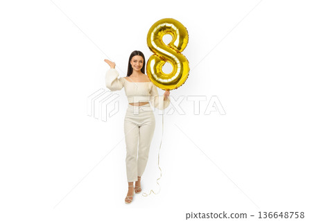 Women's Day features a young woman holding a balloon, isolated, PNG Women's Day features a young woman holding a balloon, isolated, PNG 136648758