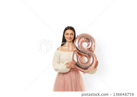 Women's Day celebration with a woman holding a balloon, isolated, PNG 136648759