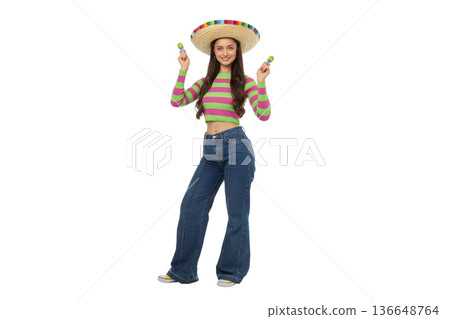 Woman in stripes and sombrero at festivities, isolated, PNG Woman in stripes and sombrero at festivities, isolated, PNG 136648764