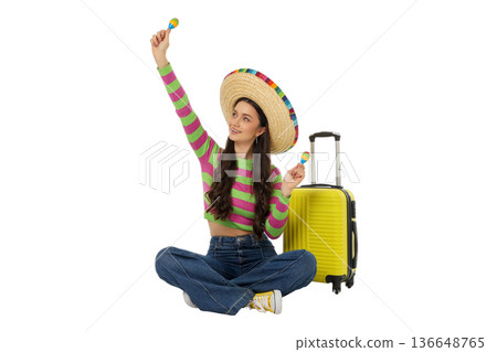 Girl in vibrant clothes enjoys candy for travel, isolated, PNG Girl in vibrant clothes enjoys candy for travel, isolated, PNG 136648765