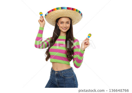 Young woman wearing a sombrero and holding maracas, isolated, PNG 136648766