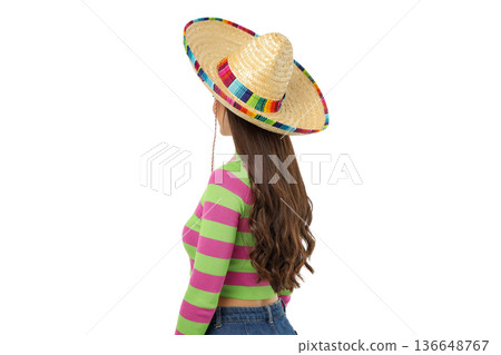 Woman wearing a sombrero showcasing festive vibes, isolated, PNG 136648767