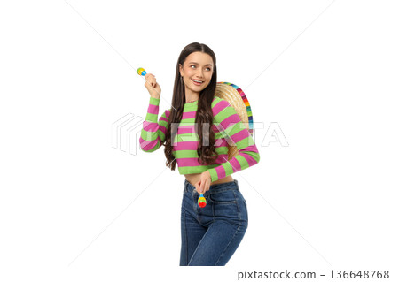 Young woman celebrates Cinco de Mayo in color, isolated, PNG Young woman celebrates Cinco de Mayo in color, isolated, PNG 136648768