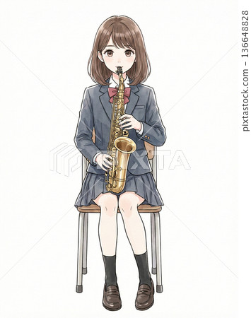 一名高中女生坐在椅子上演奏中音薩克斯風 136648828