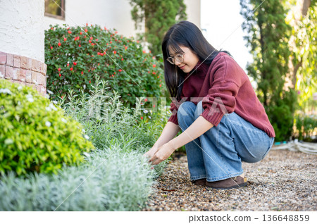 Glasses asian woman in sweater looking and touching on flower while crouching sitting in garden cafe. 136648859