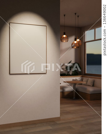 Blank frame with spotlight lamp on wall and sofa with table on parquet floor in a dim room or cafe. Blank frame with spotlight lamp on wall and sofa with table on parquet floor in a dim room or cafe. 136649002