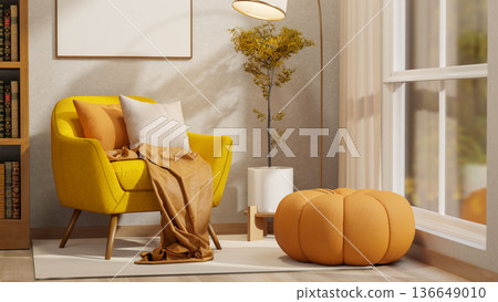 Yellow sofa chair with cushion aside pumpkin stool and bookshelf with sunlight through glass window. Yellow sofa chair with cushion aside pumpkin stool and bookshelf with sunlight through glass window. 136649010