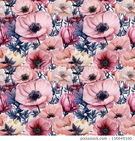Seamless floral pattern with soft pink and cream flowers and dark leaves Seamless floral pattern with soft pink and cream flowers and dark leaves 136649100