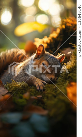 A sleeping squirrel curled up in a hollow tree, nestled in a cozy spot with soft lighting highlighting its fur and natural textures. 136649146