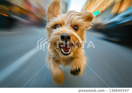 Cute happy dog playing and running towards the camera with motion effect Cute happy dog playing and running towards the camera with motion effect 136649347