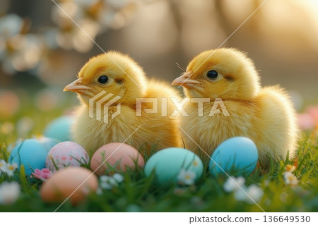 Two yellow Easter chicks on green grass among pastel eggs and tiny blossoms Two yellow Easter chicks on green grass among pastel eggs and tiny blossoms 136649530