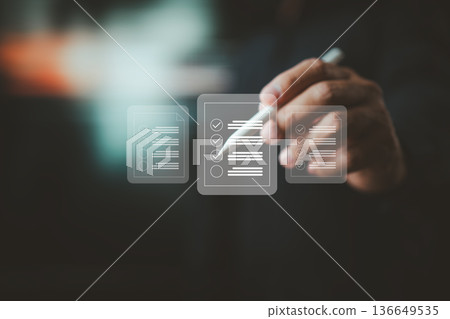 Hand Interacting with Virtual Checklist Icons for Task Management and Productivity Hand Interacting with Virtual Checklist Icons for Task Management and Productivity 136649535