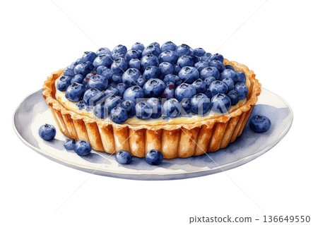 Watercolor blueberry tart with fresh berries on a white plate 136649550