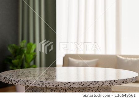 Empty shiny round granite stone table across white sofa in living room with sunlight through curtain Empty shiny round granite stone table across white sofa in living room with sunlight through curtain 136649561