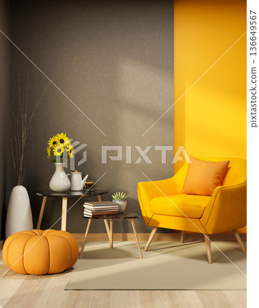 Sunflower vase with coffee on glass table aside yellow sofa chair and pumpkin stool in room or cafe. 136649567