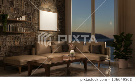 Frame on bricks wall over sofa couch and table on tile floor aside glass window with sunrise scenery Frame on bricks wall over sofa couch and table on tile floor aside glass window with sunrise scenery 136649568