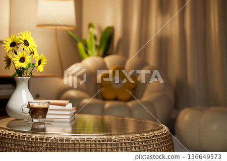 Coffee with book and sunflower vase on glass top woven table across sofa and lamp in dim living room 136649573