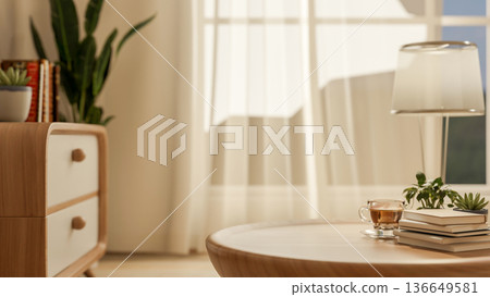 Book and coffee cup on wooden table aside drawer cabinet in living room with sunlight through window 136649581