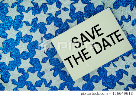 Save The Date Card on Blue Glitter Star Background Save The Date Card on Blue Glitter Star Background 136649618