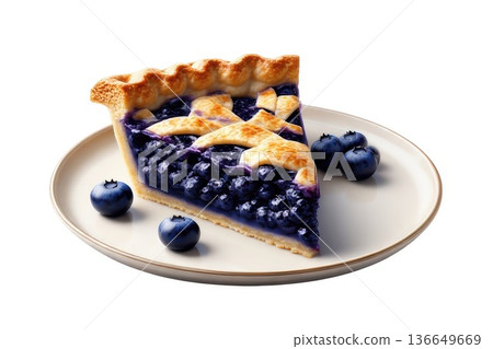 Slice of blueberry pie with whole berries on a plate, decorated with a star-shaped crust. Isolated on white background. 136649669