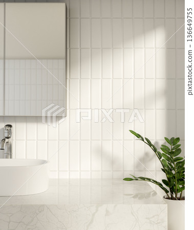 White marble sink counter table under mirror aside houseplant in bathroom with sunlight on tile wall 136649755
