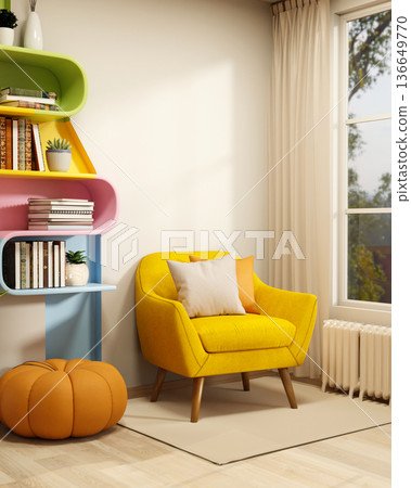 Yellow sofa chair aside pumpkin stool under colorful bookshelf on wall with sunlight through window. 136649770