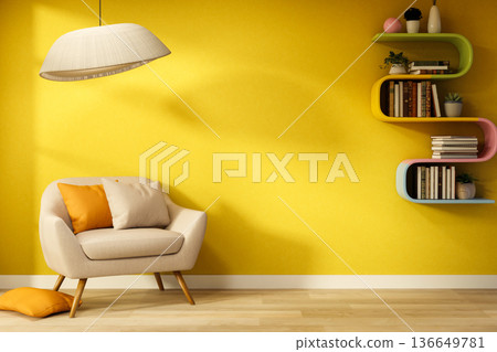 White armchair with cushions under lamp and rainbow bookshelf on yellow wall with sunlight shining. White armchair with cushions under lamp and rainbow bookshelf on yellow wall with sunlight shining. 136649781