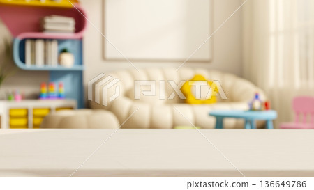 Empty wooden table across white sofa with flower cushion and rainbow bookshelf in a kid bedroom. 136649786