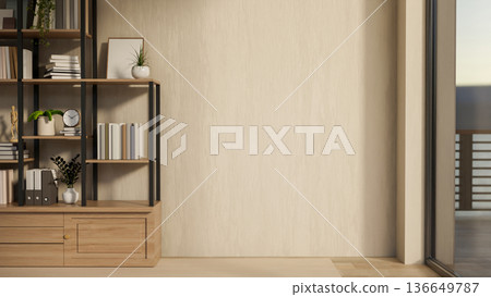 Books and folder on display shelf on parquet floor aside wooden wall and glass window wall in a room 136649787