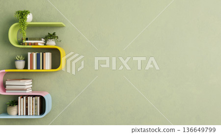 Colourful floated rainbow shelf with book and potted plant on green wall in a living room or library Colourful floated rainbow shelf with book and potted plant on green wall in a living room or library 136649799