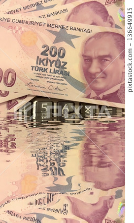 Turkish Lira and Calculator Finance Concept. 200 TRY banknotes on calculator representing Turkish economy, budgeting, and financial planning. 200 Turkish Lira banknotes placed on a black calculator. Turkish Lira and Calculator Finance Concept. 200 TRY banknotes on calculator representing Turkish economy, budgeting, and financial planning. 200 Turkish Lira banknotes placed on a black calculator. 136649915