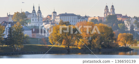 golden autumn. Svisloch river in the center of Minsk view of the old city. golden autumn. Svisloch river in the center of Minsk view of the old city. 136650139
