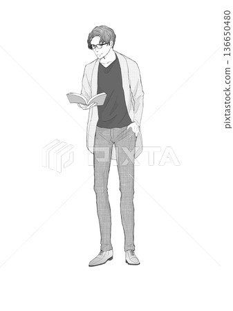 戴眼鏡的成年男子全身像(單色) 戴眼鏡的成年男子全身像(單色) 136650480