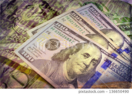 Vintage Style Stack of US Hundred Dollar Bills. A textured, old-photo effect overlaying a pile of $100 American banknotes, highlighting financial concepts and wealth. Vintage Style Stack of US Hundred Dollar Bills. A textured, old-photo effect overlaying a pile of $100 American banknotes, highlighting financial concepts and wealth. 136650490