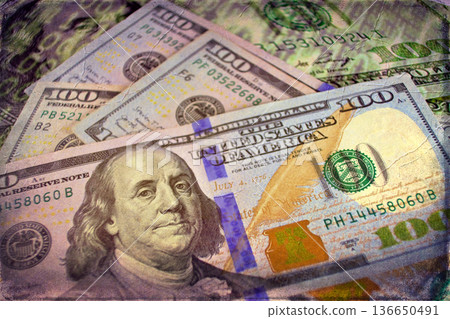 Vintage Style Stack of US Hundred Dollar Bills. A textured, old-photo effect overlaying a pile of $100 American banknotes, highlighting financial concepts and wealth. Vintage Style Stack of US Hundred Dollar Bills. A textured, old-photo effect overlaying a pile of $100 American banknotes, highlighting financial concepts and wealth. 136650491
