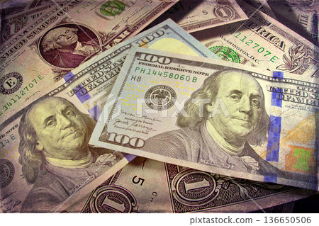 Vintage Style Stack of US Hundred Dollar Bills. A textured, old-photo effect overlaying a pile of $100 American banknotes, highlighting financial concepts and wealth. Vintage Style Stack of US Hundred Dollar Bills. A textured, old-photo effect overlaying a pile of $100 American banknotes, highlighting financial concepts and wealth. 136650506