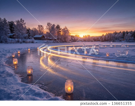Christmas ice skating track on frozen lake with candles and light trails at sunset 136651355