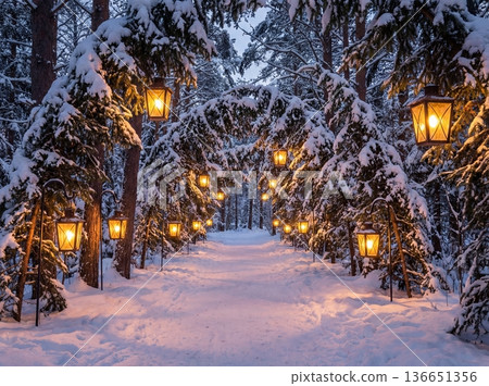 Christmas Lanterns Illuminating a Snowy Forest Path 136651356